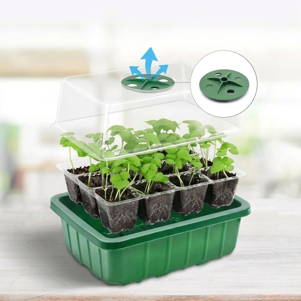 Humidity Dome Kit - 湿度調整可能なドーム型透明セルトレイ、植物育成ライト付き育苗トレイキット、効率的な育苗用